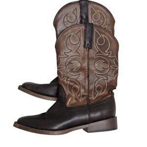 Roper Cowboy Boots Kids Size 2 Brown Faux Leather Square Toe Western Stitching